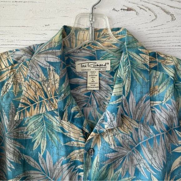 VINTAGE 80s TORI RICHARD HONOLULU Leaf Tropical Hawaiian Shirt L Made in USA - Picture 2 of 8
